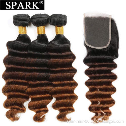Ombre Loose Deep Hair  Bundles with Closure 1b/4/30 Brazilian Virgin Human Hair Weave Bundles with 4x4 Lace Closure